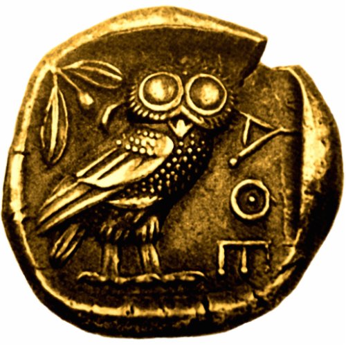 Owl on ancient greek coin statuette