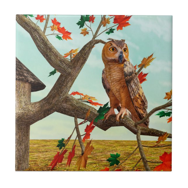 Owl on Autumn Maple Tree Design - Amazing Bird Ceramic Tile (Front)