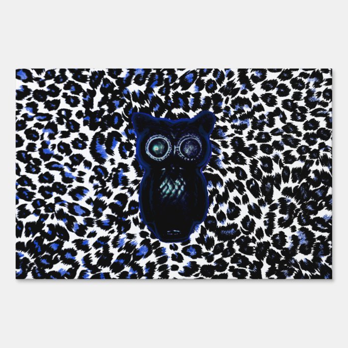 Owl On Black and Blue Leopard Spots Yard Signs