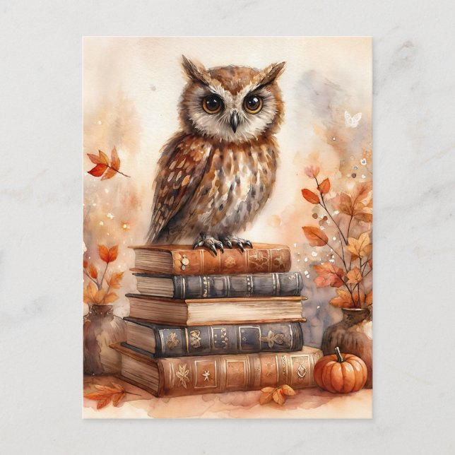 Owl on Books Autumn Watercolor Art Postcard (Front)
