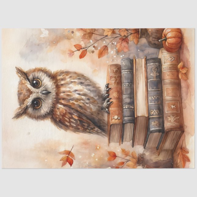 Owl on Books Autumn Watercolor Tissue Paper (Front)