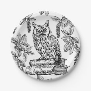Owl on Books (Black and White) Paper Plates
