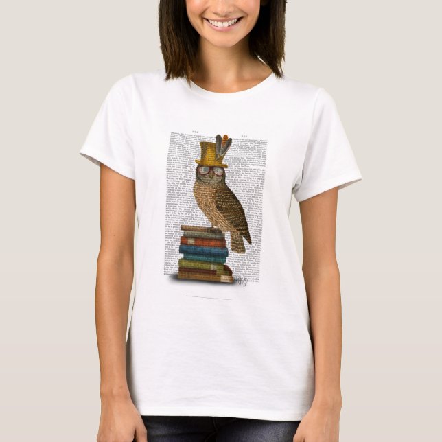 Owl On Books T-Shirt (Front)