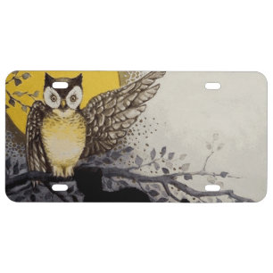 Owl on Branch In front of Moon watching black cat License Plate