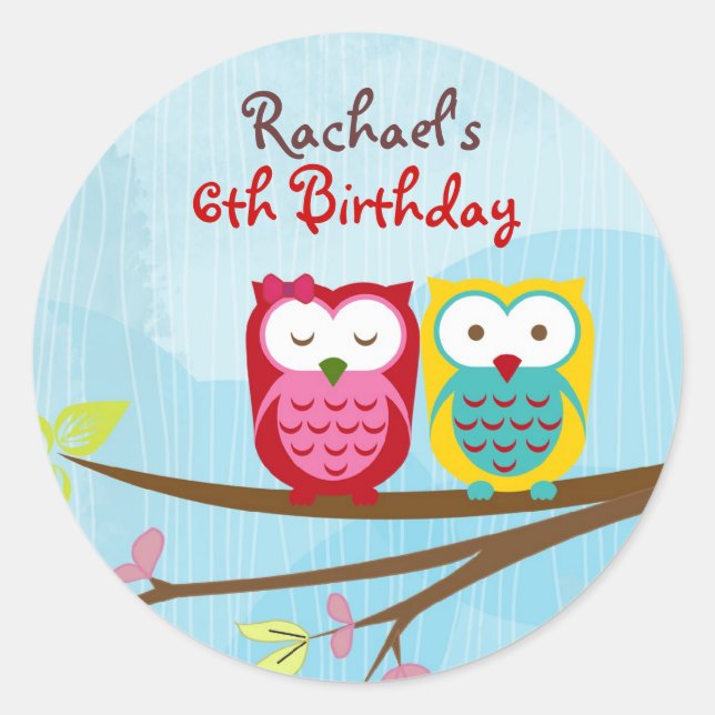 Owl on branch round sticker for gift or favor bag  (Front)