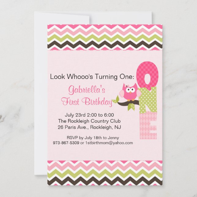 Owl on Branch Turning One Birthday Invitation (Front)