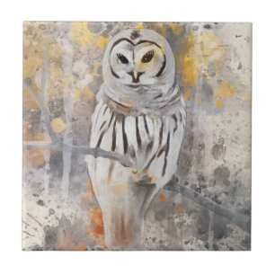 Owl on Branch Watercolor Abstract Ceramic Tile