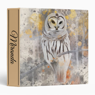 Owl on Branch Watercolor Name 3 Ring Binder