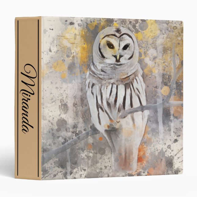 Owl on Branch Watercolor Name 3 Ring Binder (Front/Spine)