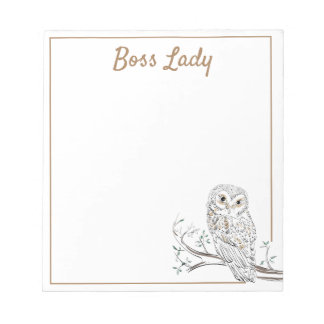 Owl on Branch White Boss Lady or your text Notepad