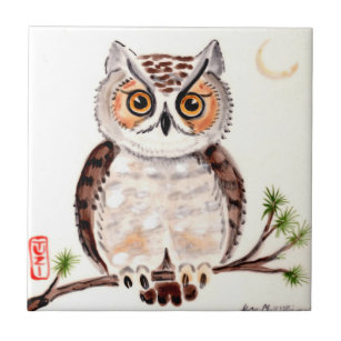 Owl on Branch with Moon Woodland Minimal Art TUZI Ceramic Tile