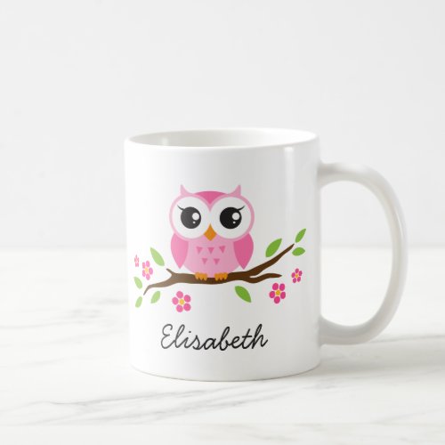 Owl on branch with pink flowers personalized name coffee mug