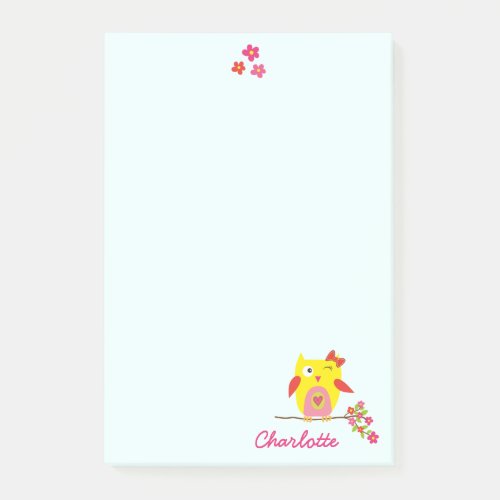 Owl on branch with Pink Flowers Personalized Name Post_it Notes