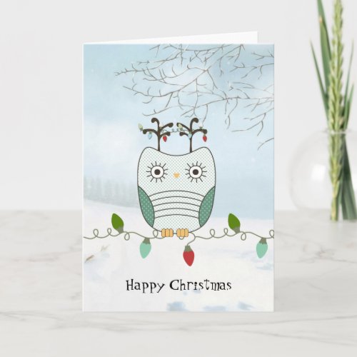Owl on Christmas Lights Holiday Card