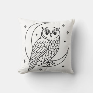 Owl on Crescent Moon with Stars Line Art Throw Pillow