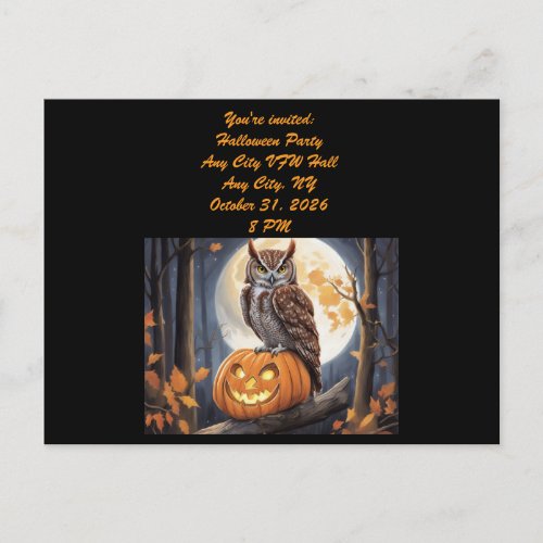 Owl on Jack-o-Lantern Halloween Invitation Postcard