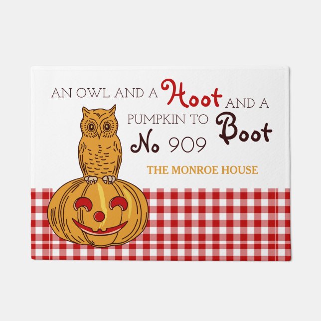 Owl on Pumpkin Gingham Pattern Doormat (Front)
