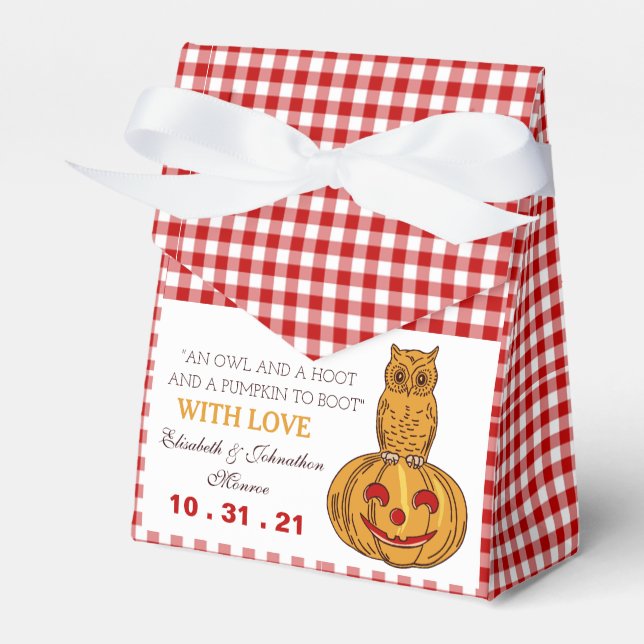 Owl on Pumpkin Gingham Pattern Favor Box (Front Side)