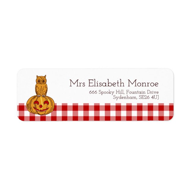 Owl on Pumpkin Gingham Pattern Label (Front)