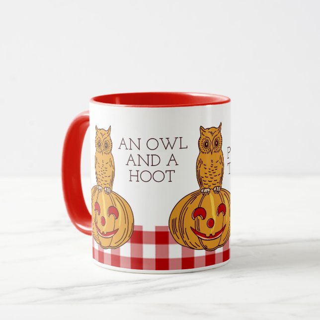 Owl on Pumpkin Gingham Pattern Mug (Front Left)