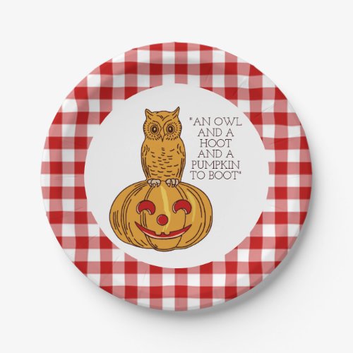 Owl on Pumpkin Gingham Pattern Paper Plate