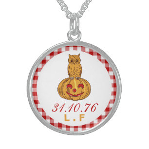 Owl on Pumpkin Gingham Pattern Sterling Silver Necklace