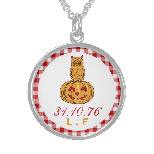 Owl on Pumpkin Gingham Pattern Sterling Silver Necklace (Front)