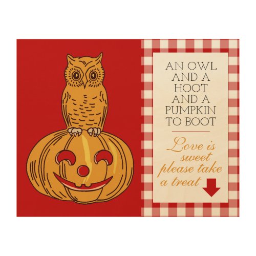 Owl on Pumpkin Gingham Pattern Wood Wall Art