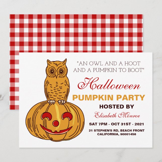 Owl on Pumpkin Halloween Pumpkin Party Gingham Invitation (Front/Back)