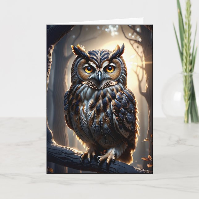 Owl on Tree Branch in Forest Blank Letterpress Thank You Card (Front)