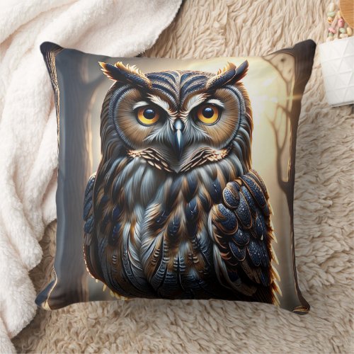 Owl on Tree Branch in Forest  Throw Pillow