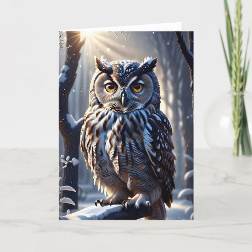 Owl on Tree Branch in Snowy Forest Blank  Thank You Card