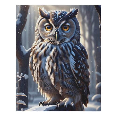 Owl on Tree Branch in Snowy Forest Faux Canvas Print