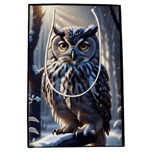 Owl on Tree Branch in Snowy Forest  Medium Gift Bag