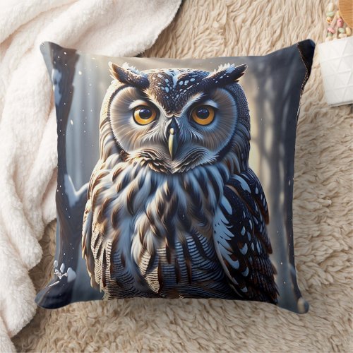 Owl on Tree Branch in Snowy Forest  Throw Pillow