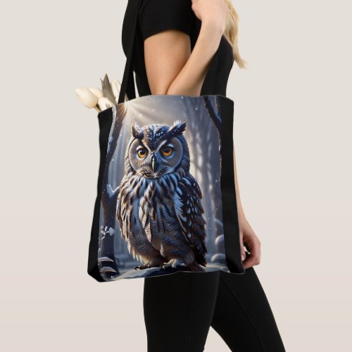 Owl on Tree Branch in Snowy Forest  Tote Bag