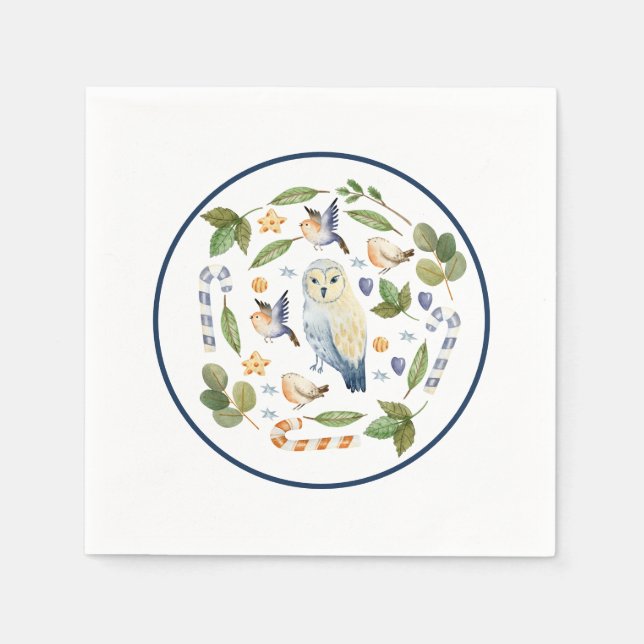 Owl on Tree Stump Birds Leaves Candy Canes Napkins (Front)