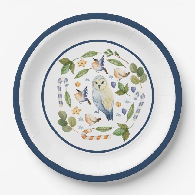 Owl on Tree Stump Birds Leaves Candy Canes Paper Plates (Front)