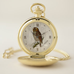 Owl on Wood Look Personalized Pocket Watch