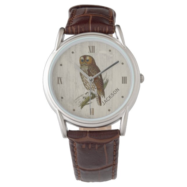 Owl on Wood Look Personalized  Watch (Front)