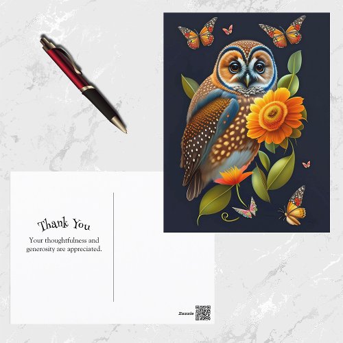 Owl Orange Floral Butterfly Illustration Postcard