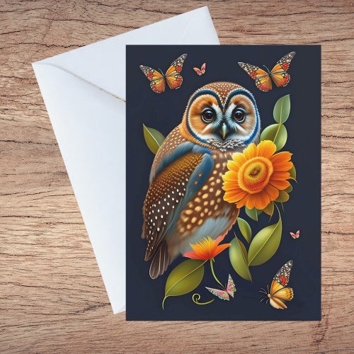 Owl Orange Floral Butterfly Illustration Thank You Card