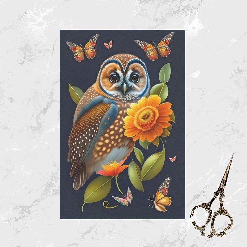 Owl Orange Floral Butterfly Illustration Tissue Paper