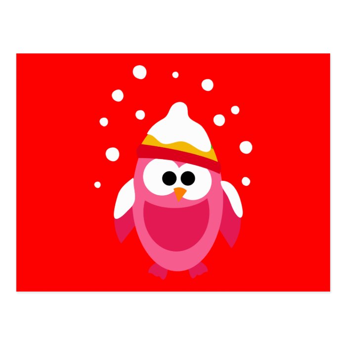 Owl Owls Bird Pink Snow Winter Hat Colorful Cute Postcards