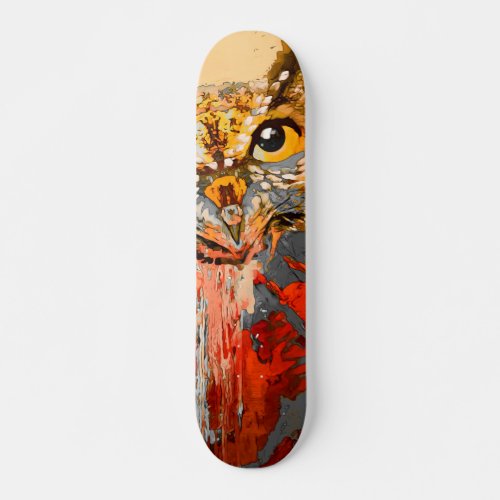 Owl painting abstract background in red gold skateboard