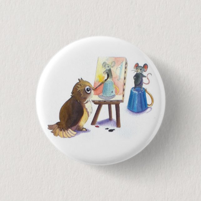 Owl Painting Mouse Portrait Button (Front)