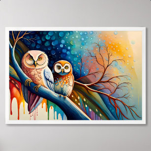 owl painting perch tree branch paint colorful drip poster