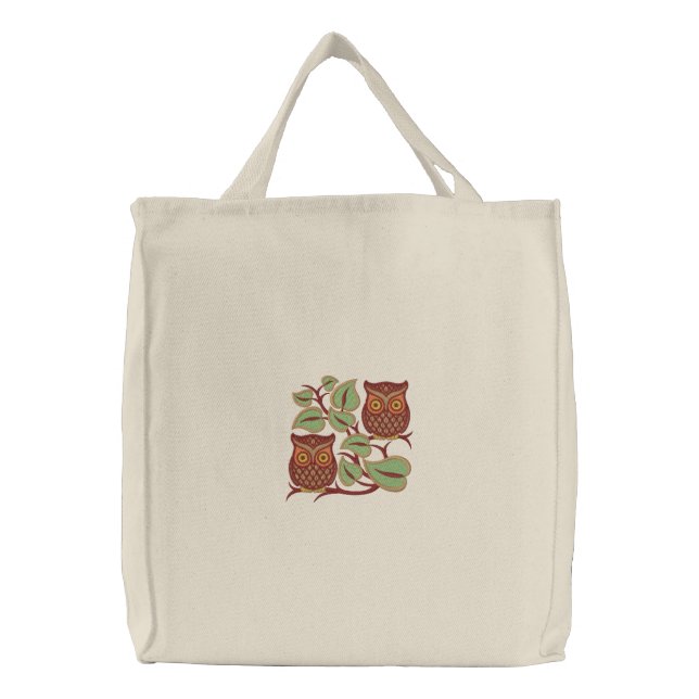 Owl Pair Embroidered Tote Bag (Front)