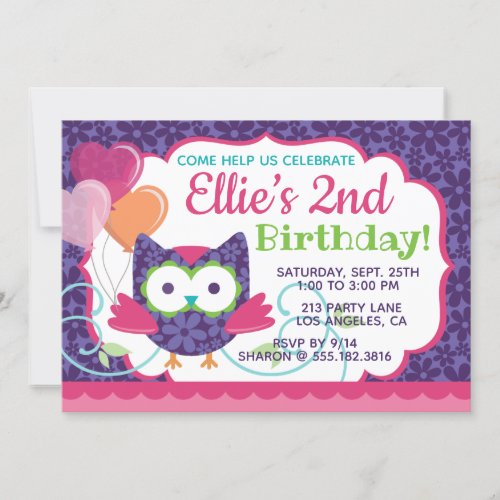 Owl Pal Girls Birthday Party Invitation