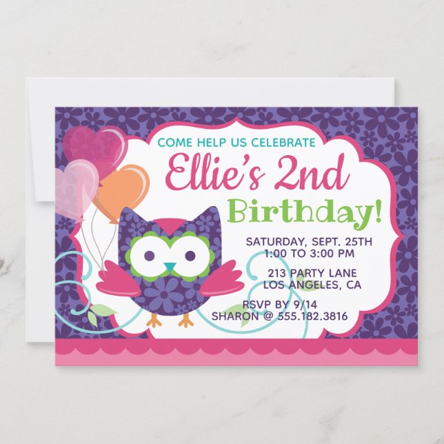 Owl Pal Girl's Birthday Party Invitation (Front)